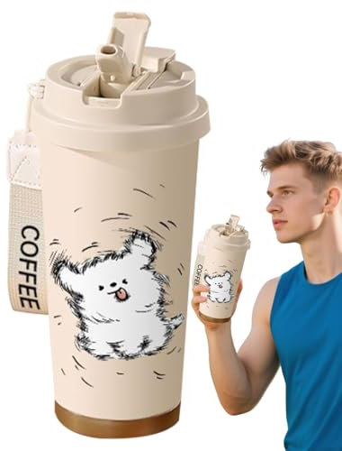 Jiimhte Gourde Isotherme | 500ml En Acier Inoxydable Imprimé Mug de Voyage Isotherme | Double Ouverture Sans Fuite Réutilisable pour Boissons Chaudes et Froides