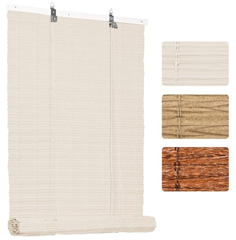 Grandekor PE Outdoor Rollo Wetterfest Bambus Look für Fenster Tür,B120 x H160 cm Milchweiß,Imitation Bambusrollo Sonnenschutz, Blickdicht UV-Schutz für Innen-& Aussenbereich, Einfache Montage