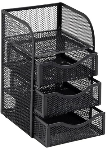 Flaroey Desktop Workspace Organizer with Drawer, Metal Mesh Paper Binder Clip Basket for Office Accessories