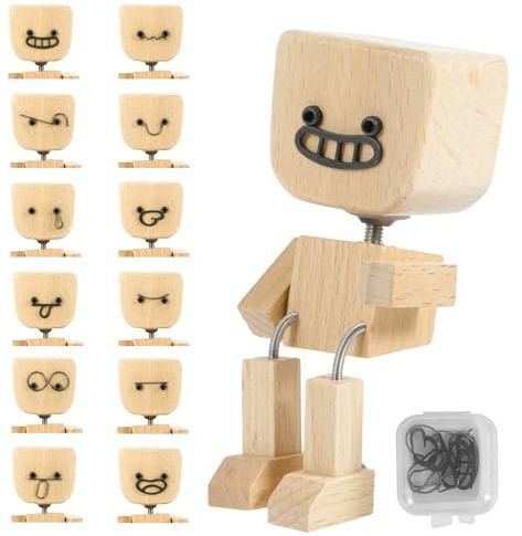 Dajidafu Schüttelmann aus Holz mit 12 Magnetischen, Wackelfigur Auto Gesichtsausdrücken, Handgefertigte Holzpuppe mit Wackelfüßen, Ideal für Auto, Haus & Büro