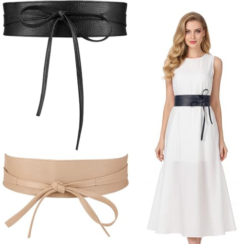 TioRacY 2er Set Breiter Gürtel Damen Für Kleid, Bindegürtel Damen, Schwarz und Beige, Vielseitig für Casual und Festliche Anlässe ，Eleganter Hüftgürtel mit Schnürung Perfekt für Kleider