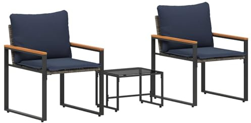 Canditree 3 Pièces Salon de Jardin en Rotin, Ensembles de Meubles de Balcon, 2 Fauteuils avec Coussins Amovibles, 1 Table Basse avec Plateau en Verre (Gris et Bleu Marine)