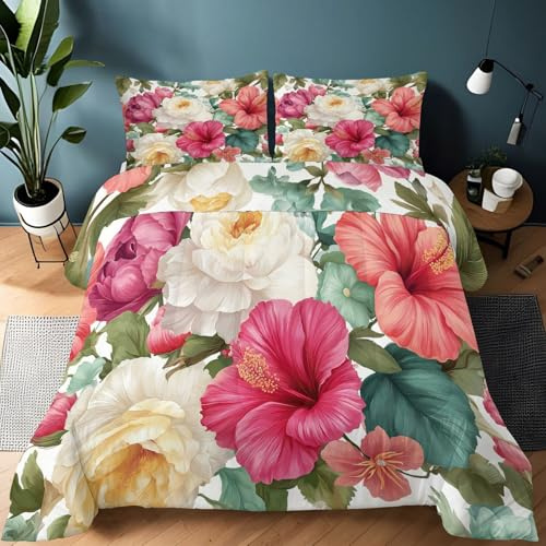 Vintage Traditionell Pflanzen Pfingstrose Bettdecke ohne Bezug 135 x 200 cm - Weiß 4 Jahreszeiten Ganzjahresdecke, Waschbare Sommer Steppdecke für Hauptschlafzimmer Gästezimmer Elegante Wohnkultur