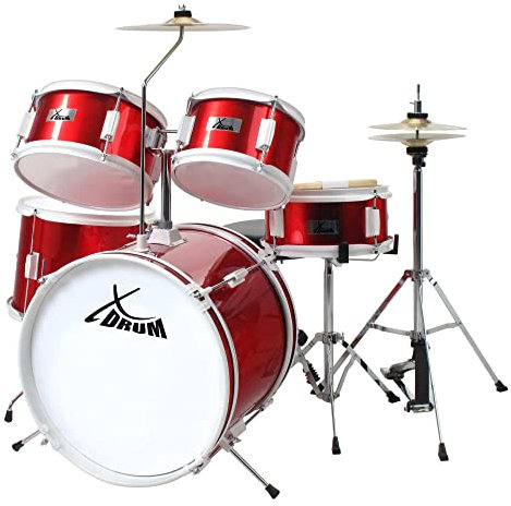 XDrum Junior Kinder Schlagzeug Drumset (geeignet von 5-9 Jahren, mit viel Zubehör, Schule, DVD) Rot