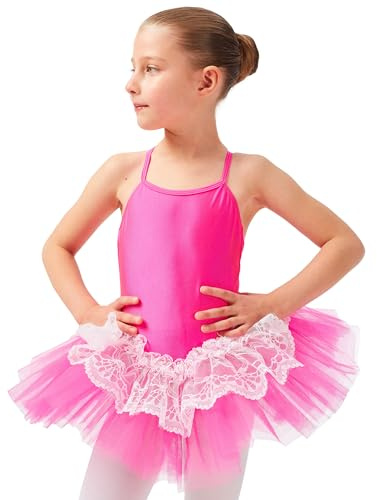tanzmuster Ballettkleid Tutu Mädchen - Antonia - 3 Lagen Tüll und Spitze - glänzendes Lycra - Ballett Trikot mit Tüllrock in pink, 104/110