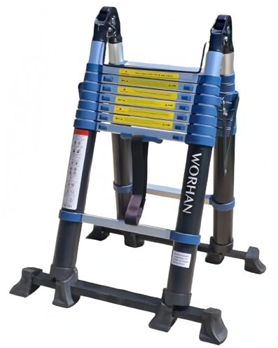 5m Escalera Doble Telescopica WORHAN Pro Multiuso WORHAN con 2 Estabilizadores Telescópicos Multifuncional Plegable Tijera Aluminio Anodizado Bisarga Grande 500cm K5A