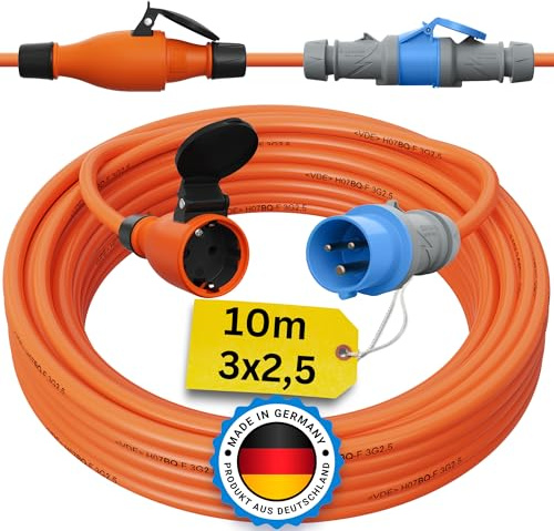 CEE auf Schuko Adapter 10m Camping Stromkabel H07BQ-F 3x2,5 Landstromkabel Wohnmobil Wohnwagen Kabel Camping Adapter 10 Meter Strom Verlängerungskabel CEE-Stecker Campingstecker Orange