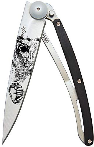 Deejo Taschenmesser Tattoo 37g Grizzly, Z40C13-Stahl, Liner-Lock, Ebenholz, Gürtelclip, Box Silber