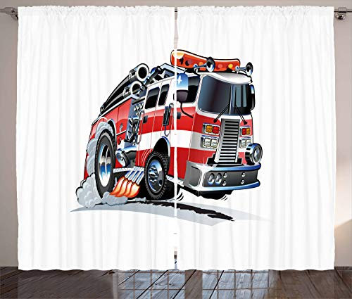 ABAKUHAUS LKW Rustikaler Vorhang, Feuerwehr LKW, Wohnzimmer Universalband Gardinen mit Schlaufen und Haken, 280 x 175 cm, Babyblau Scharlachrot