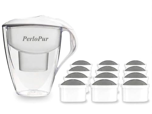 perlopur® Wasserfilter Astra (weiß) +12 Filterkartuschen Protect+ | 3 l gesamt, 1,5 l gefiltert, stabil & kratzfest, BPA-frei, für unimax Kartuschen, für sehr hartes Wasser, starke Entkalkung