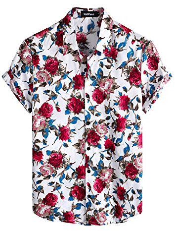 VATPAVE Mens 100% Cotton Hawaiian Flower Shirts Button Down Short Sleeve Beach Shirts Summer Casual Aloha Shirts Large WhiteRose