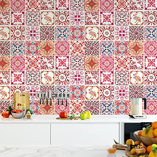 WALPLUS 24 Stück 15x15cm Marokkanische Rose Rotes Mosaik Rot Weiß Blau Wandfliesen Aufkleber Schälen und Kleben Backsplash Abziehbilder Startseite Dekore Aufkantung für Küche Badezimmer Kacheln Farbe