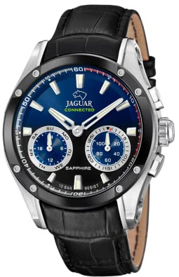 JAGUAR Uhr Smart Herren Hybrid aus Leder Schwarz | Connected, Wasserdicht 10 ATM, J958/1, Musiksteuerung, Schrittzähler, Anruf-Info & -Ablehnung, Blaues Zifferblatt