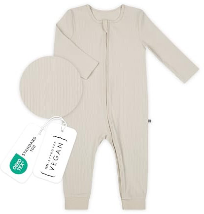emma & noah Baby Schlafanzug, Weicher & Atmungsaktiver Strampler für Neugeborene, Oeko-TEX Zertifiziert, Langarm Pyjama mit Reißverschluss für Jungen & Mädchen, Ohne Füße (Essential Beige, 92 cm)