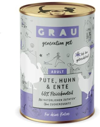 GRAU – das Original – Nassfutter für Katzen - Pute, Huhn & Ente, 6er Pack (6 x 400 g), getreidefrei, für Erwachsene Katzen