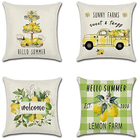 Kissenbezug 60x60cm 4er Set Zitronengelb quadratischer Zierkissenbezug, Sofakissen Bezug Kissenhüllen aus Baumwoll Leinen für Wohnzimmer Sofa Schlafzimmer mit unsichtbarem Reißverschluss H66