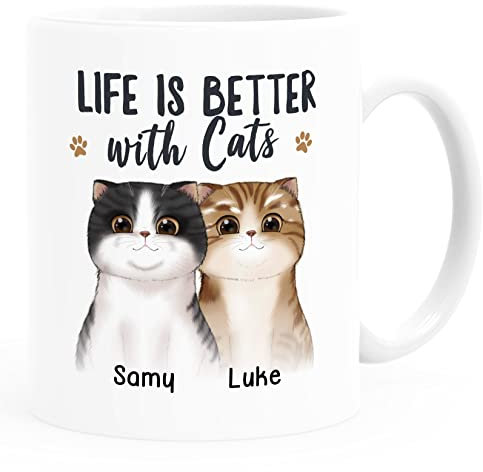 SpecialMe® Tasse Katze personalisiert (1-3) mit Namen Geschenk Katzenbesitzer Katzenmama Katzenpapa Katzenmotiv weiß standard