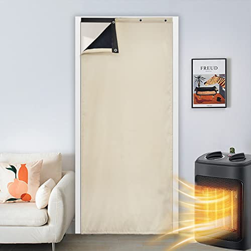 Qelus Thermal Insulated Door Curtain, 32'' W x 80'' Drop Blackout Self-Adhesive Waterproof Windproof Heat Blocking Noise Reduction Curtain, Beige