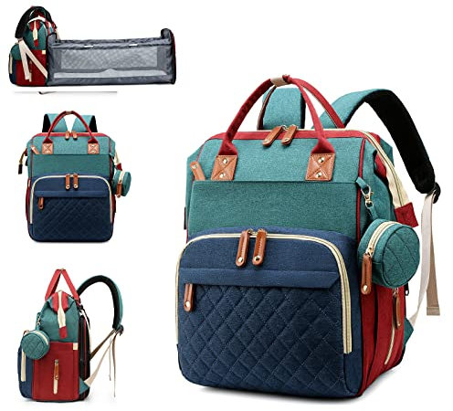 Lamroro Wickeltasche mit Wickelstation, 3-in-1 Baby-Wickelrucksack, Grün-Blau-Rot, Wickeltasche, Rucksack