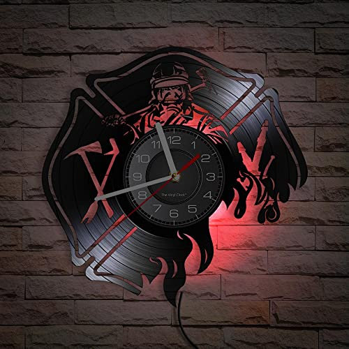 Smotly Vinyl Wanduhr, Feuerwehrmann Muster Analog Uhr, LED Nachtlicht mit Fernbedienung, Wanddekoration Wanduhr Geschenk!