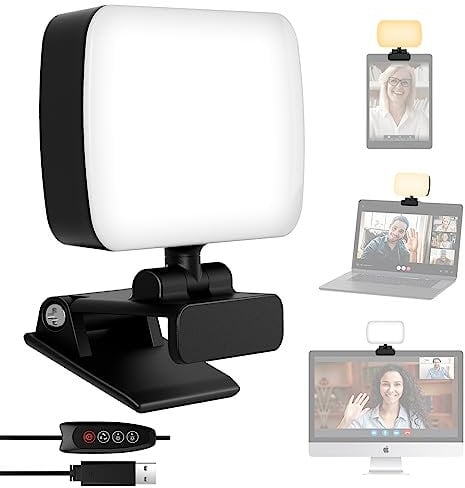 RealPlus Videokonferenz Licht mit Clip &USB-Kabel, 120 LED+3 Lichtfarben+10 Helligkeiten+360°Drehbar Beleuchtung, Streaming Licht, Fotolicht, Webcam-Licht, für PC-Monitor/Zoom-Meetings/Geschenk, Büro