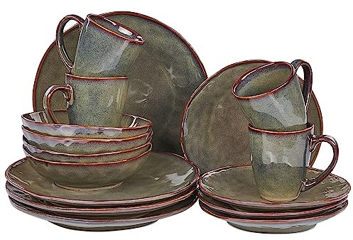 Conjunto de 16 piezas de gres verde oscuro marrón 4 personas esmalte reactivo Thyme
