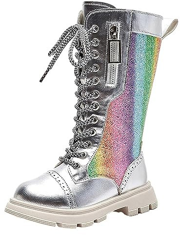 rismart Ginocchio Altezza Stivali Ragazze Shiny Laterale Zip Allacciati Alti Stivali da equitazione Argento, 28 EU