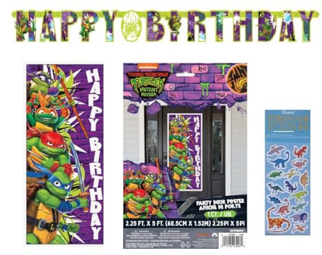 TMNT Teenage Mutant Ninja Turtles suministros para fiesta de cumpleaños incluye 1 póster de puerta de fiesta, 1 pancarta de feliz cumpleaños, 1 hoja de calcomanías de dinosaurio