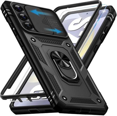 Giyer Panzerhülle für Samsung Galaxy S24 Hülle mit Schutzfolie, Handyhülle S24 5G Tache mit Kameraschutz 360° Metall Ring Ständer Stoßfest Bumper Schutzhülle Samsung S24 Case Cover (Schwarz)