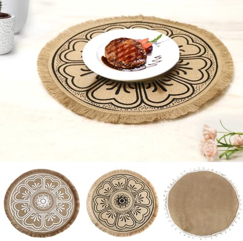 Anloximt 3 STÜCK Tischset - Runden Platzmatten (Ø 42cm) - Mandalas Boho Tischsets Mit Quaste - Platzset Rund Boho Jute | Für Küche Esszimmer Hochzeit Bauernhaus Tisch Dekoration