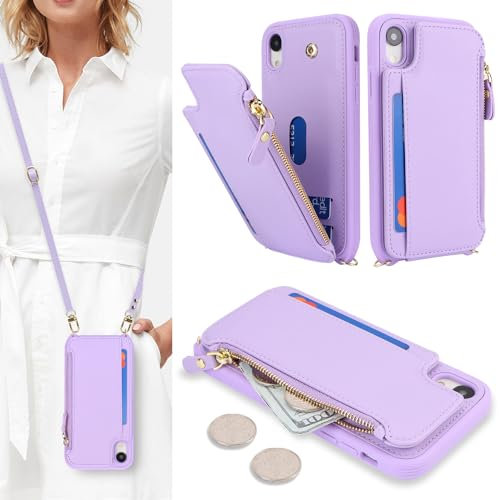 SailorTech Coque pour iPhone XR Étui avec Porte-Cartes de crédit, Etui pour iPhone XR Housse avec Courroie de Cou Portefeuille avec Fentes pour Cartes de crédit-Pourpre