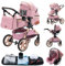 GLOKID Poussette 3 en 1，Poussette Canne，Trio，Avec Siège Accessoires，Adaptateurs Universels，Landau Bébé jusqu'à 25 kg，4 roues avec amortisseurs，Nacelle，Grandes Roues，pliage d'un clic (XX1 Rose)