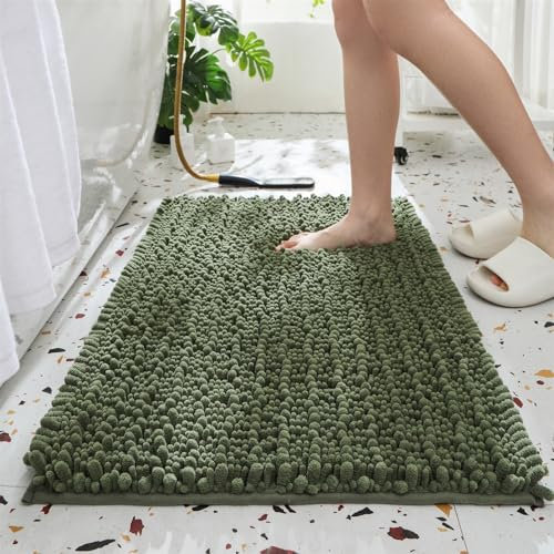 Reyox Badezimmerteppich, Chenille Badematte rutschfest, Weicher Badvorleger, Mikrofaser Absorbent Badteppich für Badezimmer Olivgrün 51x81cm