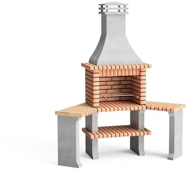 MOVELAR - Barbacoa de Obra Prefabricada de Leña y Carbón Modelo Roma 2 Side Tables Corner (Gris, Naranja - 160 x 58 x 240 cm) REF: 3800 - Cocina de Exterior para Jardín o Patio