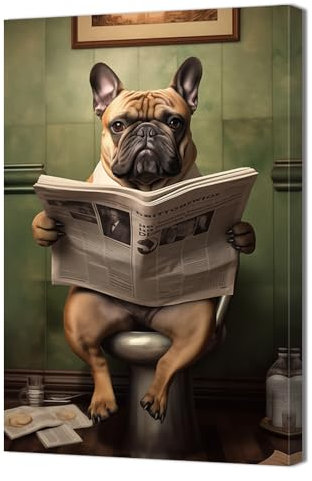 ZQQART Badezimmer Leinwandbild Hund sitzt in der Toilette und liest Zeitung Bild lustige Tiermalerei Drucke Waschraum Toilettendekor(30x45cm)