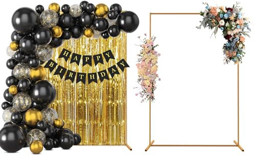 Hochzeitsbogen Eckig, 1,8 x 1,2M Metall Hochzeit Ballon Bogen Gestell mit 2 Lametta Vorhänge goldene Hintergrundständer für Hochzeiten, Geburtstags, Partys, Taufen, Zeremonie
