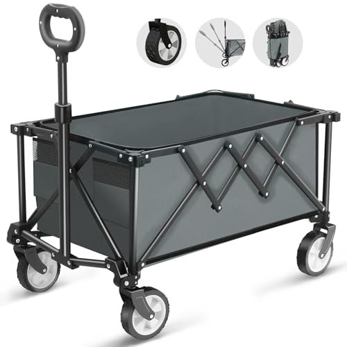 HOFTME Folding Trolley With Wheels,Folding Wagon 100L Capacity All Terrain Wheels with Adjustable Handle & Cover Bag, Picnic Transporter for Holiday Shopping Outdoor Camping Garden Beach (Grey)