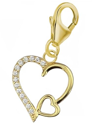 Zirkonia Herz Charm Anhänger Gold 925 Silber 18k Gelbgold vergoldet, Karabiner