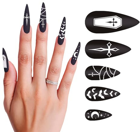 FIESTAS GUIRCA | 12 lange Vampir Nägel mit Kleber - Kostümzubehör für Halloween und Hexenpartys - Ideal für Erwachsene - Kunstnägel für Horror- und Gothic-Kostüme - Schwarz