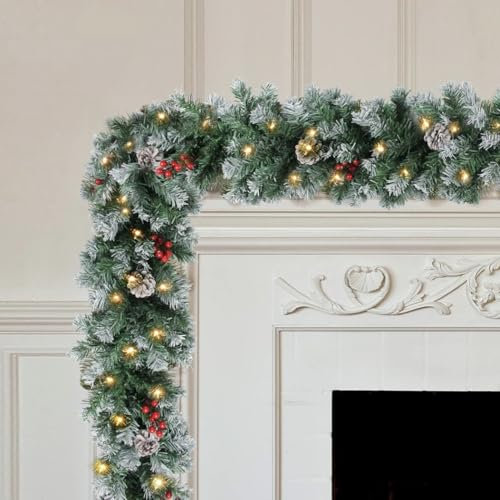 Ghirlanda di Natale artificiale pre-illuminata, 1,8 m, decorazione con 50 luci a LED e palline di pigna, per albero di Natale, camini, scale, porte, albero di Natale, giardino, cortile (B)