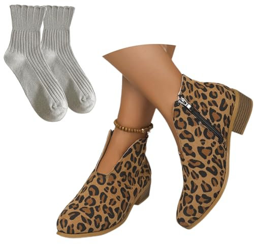 Stivaletti Con Punta Tonda Ankle Boots Combat Da Donna Con Tacco Largo Stivali Corti Retrò In Pelle Scamosciata Stivaletti Autunno-inverno Con Cerniera Scarpe Alla Caviglia for Esterni(Leopard,41 EU)