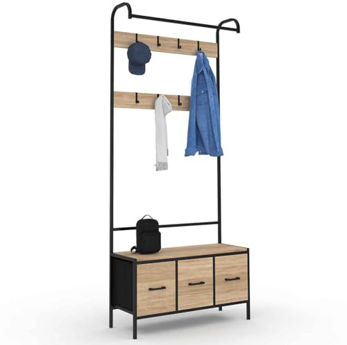 IDMarket - Utah Eingangsgarderobe mit Bank und 3 Schubladen aus Stoff im Industriedesign