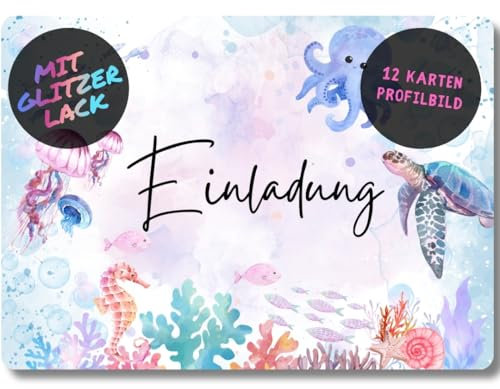 celebr8te 12x Meerestiere Glitzer Einladungskarten - Für den Kindergeburtstag von Mädchen - Partyeinladungen für Geburtstage inkl. Messenger Bild & Urlaubsgutschein