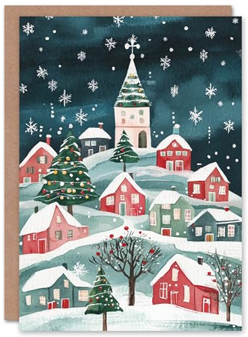 Wee Blue Coo Festive Hill Town Winter Trees Festive Fun Xmas Art Blank For All Christmas Card