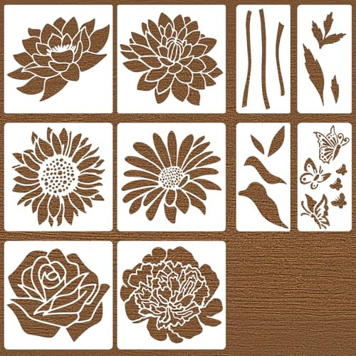 XQIGI Large Flower Stencils 10 Pieces for Painting on Giant Walls, Reusable Stencil Templates, Large Rose Daisy Sunflower Peony Stencils for Paint on Garden Wood Fence Furniture