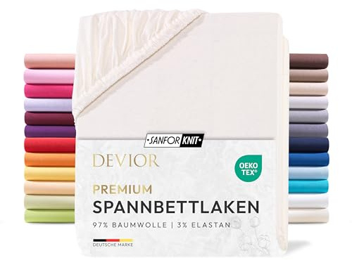 Devior Premium Spannbettlaken 180x200cm - 200x220cm für Boxspringbetten bis 32cm, 97% Baumwolle & 3% Elastan, Natur – 190 g/m² Anti-Statisches, atmungsaktives Bettlaken mit Einlaufschutz
