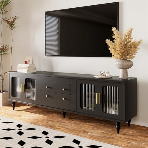 Generisch TV Lowboard, TV-Möbel im Retro-Stil: goldene Griffe, viel Stauraum. Mit Glastür und Beinen aus Massivholz,Schwarz