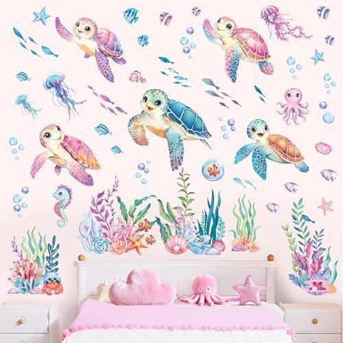 decalmile Wandsticker Unterwasserwelt Meeresschildkröten Wandtattoo Unter dem Meer Seetang Ozean Fisch Qualle Wandaufkleber Babyzimmer Kinderzimmer Badezimmer Wanddeko