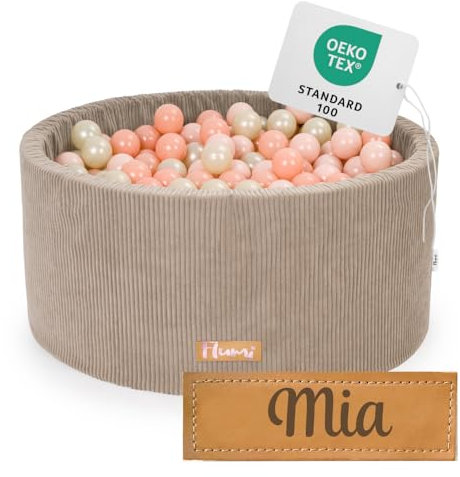 Flumi Personalisierte Bällebad Kinder ab 1 Jahr - Bällepool Baby 90x40cm mit 200 Bällebad XXL bällebadbälle ∅ 7cm in EU hergestellt - (Kord Dunkelbeige)