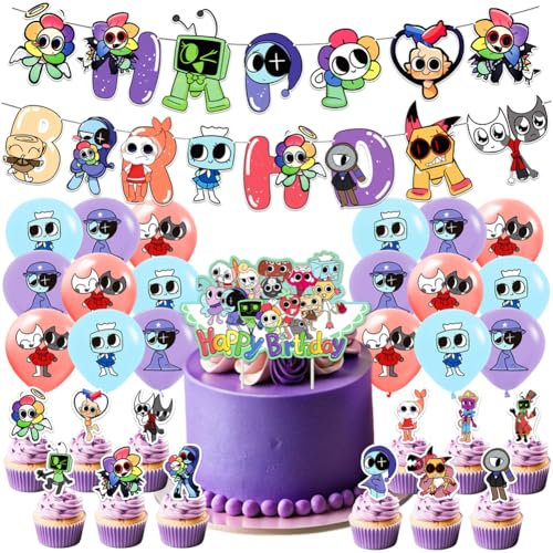 Dandy's World Party Decorations, 32PCS Dandy Horror Games Balloon Decorations, Anime Themed Birthday Decorations Including Balloon, Cake Topper, Happy Birthday Banner Party Supplies for Children
